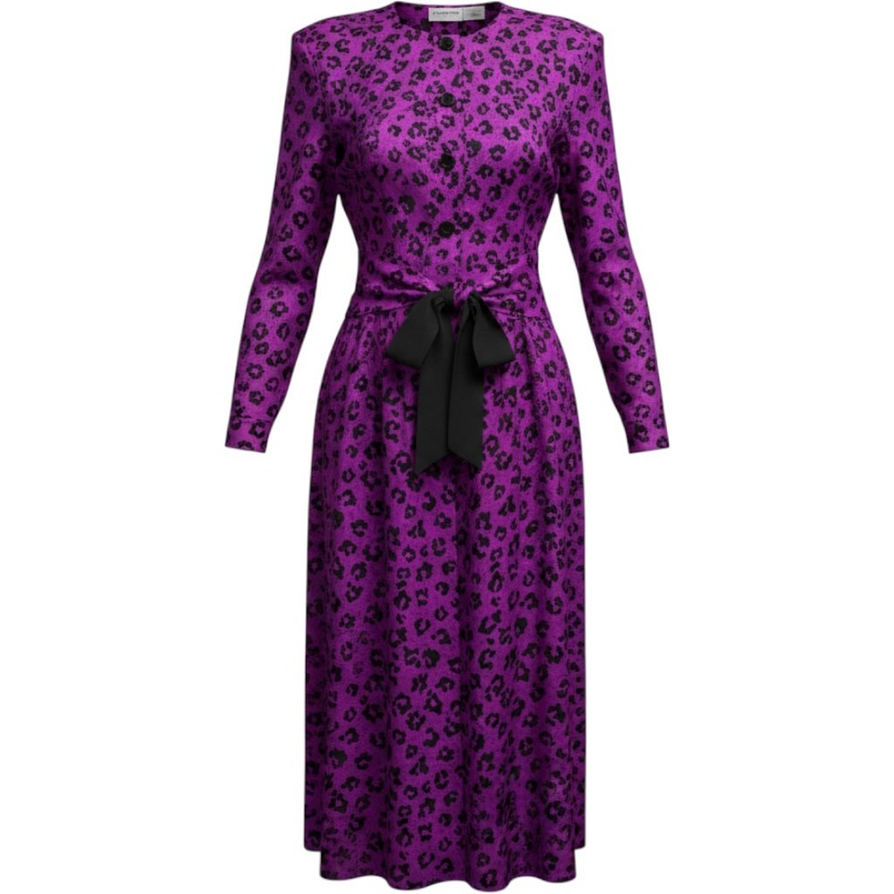 Liz Claiborne Vintage Silk Leopard Print Midi Dress Purple Black Size 10